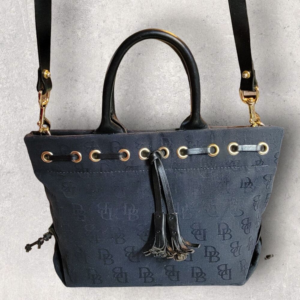 Dooney Bourke Shoulder Satchel Purse Black Mini Jacquard Leather Trim Tassel